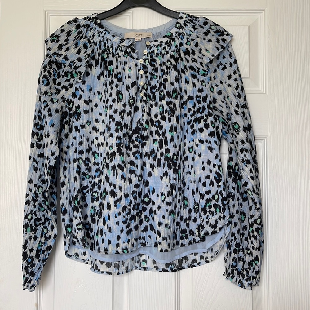 LOFT light blue and black print blouse, Medium P